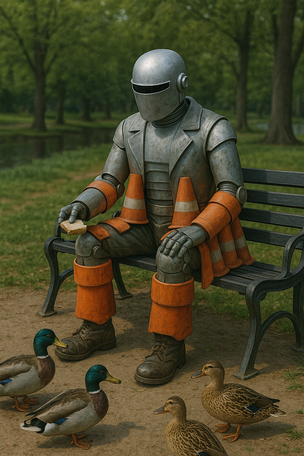 Gort feeding ducks at a park
